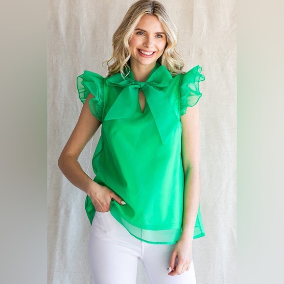 JODIFL Tops - JODIFL Bright Green Bow Neck Ruffle Sleeve Top